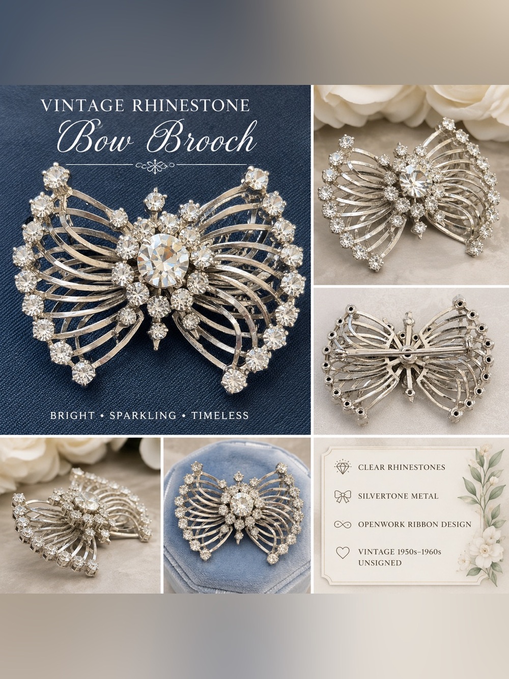 Vintage Silvertone Clear Rhinestone Bow Brooch